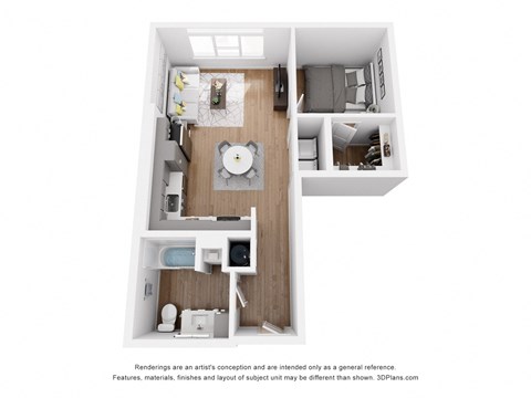 a stylized floor plan with a bedroom and a living room